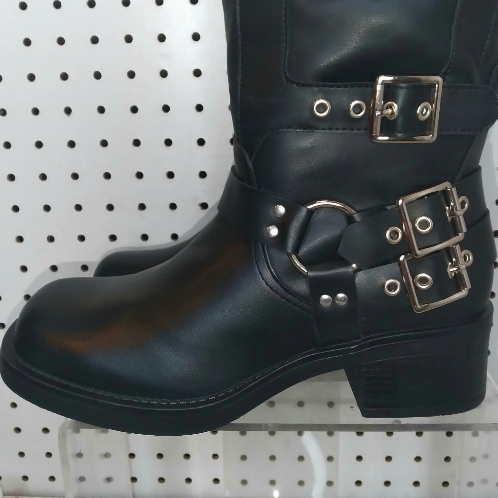 Women's 12.5" Knee High Moto Boots Buckle Strap Gothic Low Chunky Platform Black - Picture 2 of 10